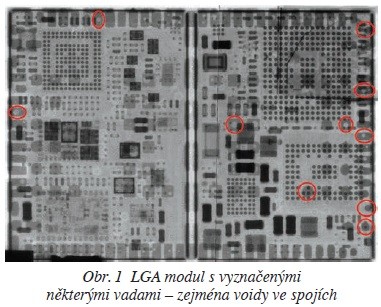 Obr. 1 LGA modul s vyznačenými některými vadami – zejména voidy ve spojích